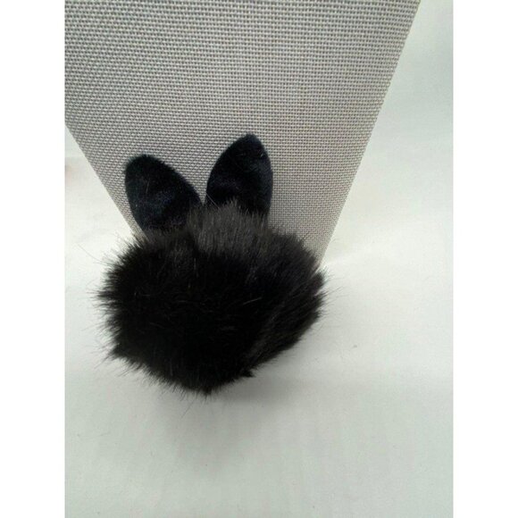 Black Bunny Ears Fur Ball Keychain Charm With Plush Key Holder - Picture 5 of 6